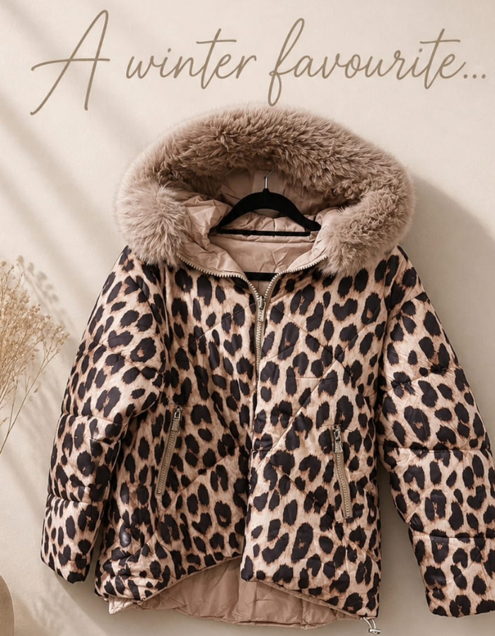 A08 - Leopard Print Puffer Faux Fur Hood Jacket