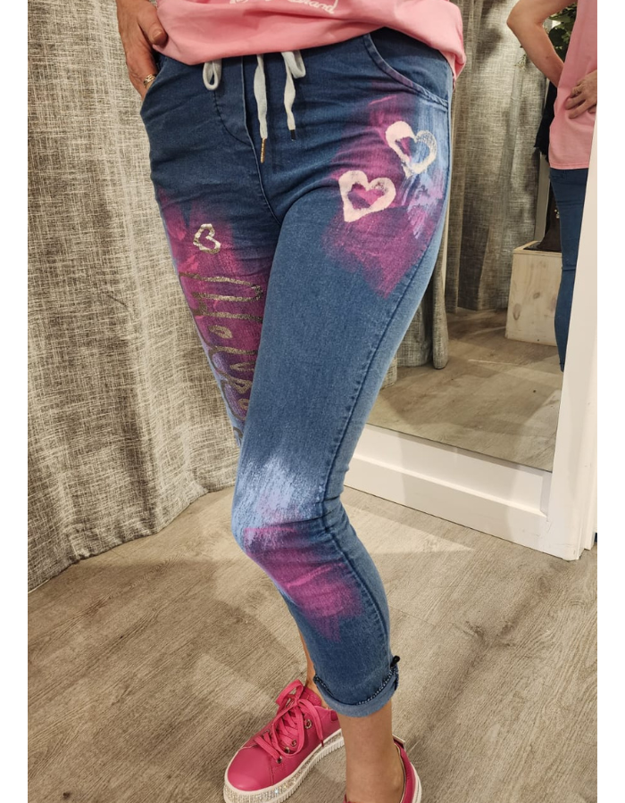 Denim Love & Heart Tie-Waist Pants