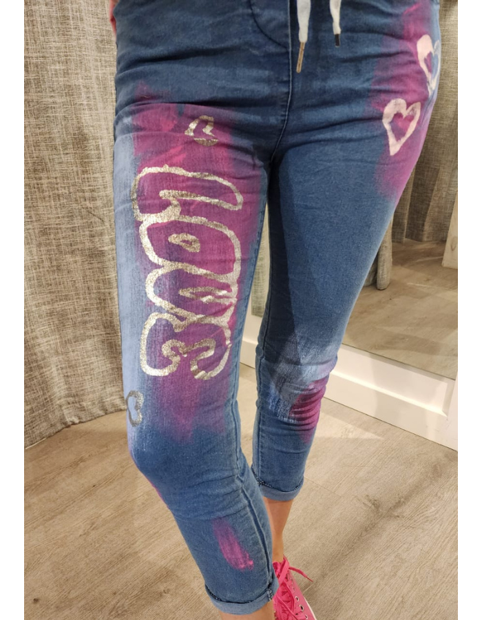 Denim Love & Heart Tie-Waist Pants