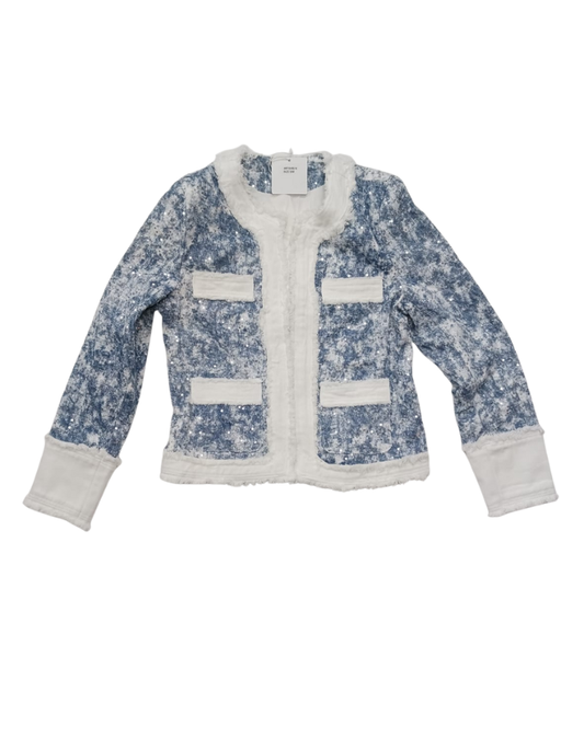 Denim & White Mottled Pattern Sparkly Fringed Jacket