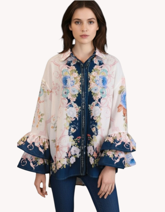 Floral Frill Sleeve Linen Shirt