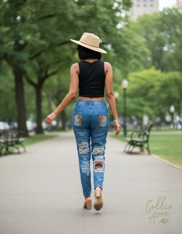 Blue Denim-look Stretch Pants with Printed Distress Frayed patchwork