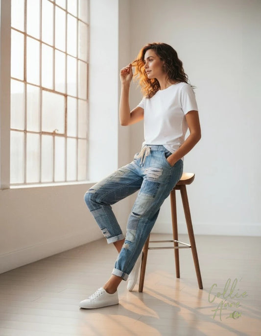 Blue Stretch Denim-Look Pants with Printed Distressed Patchwork