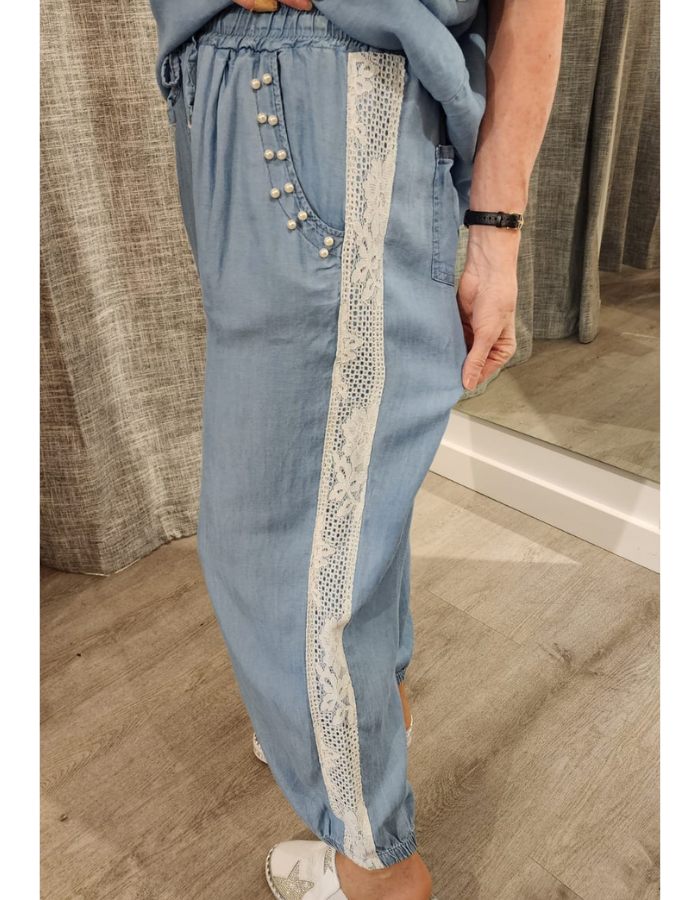 Pearl Pocket & Lace Trim Pants