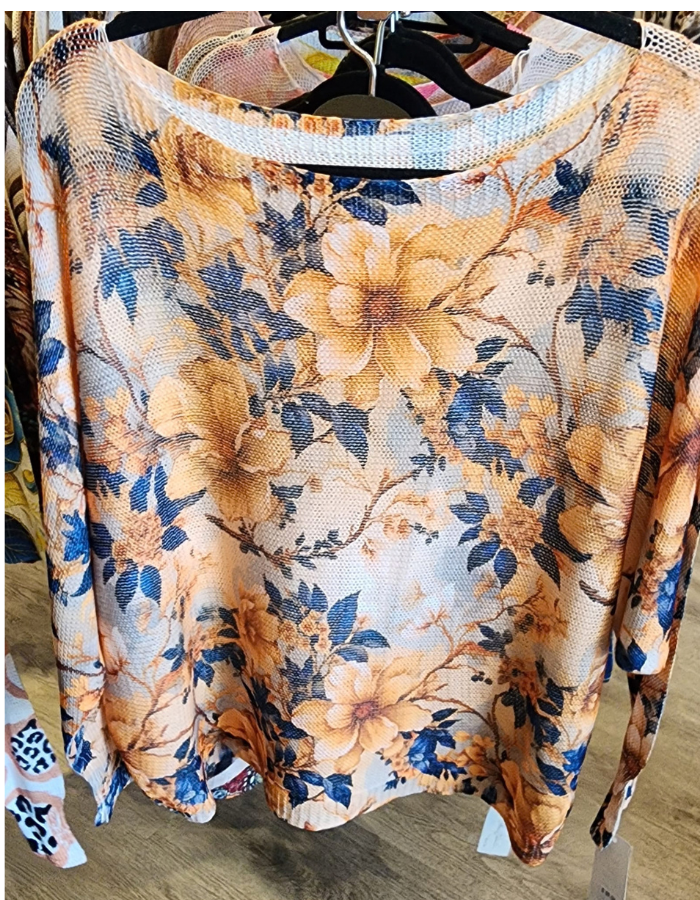 Light-weight Batwing Printed Knit - Flowers with Blue Leaves