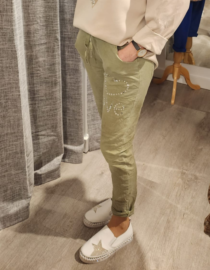Sequin "Love No.5" Cotton Stretch Pants
