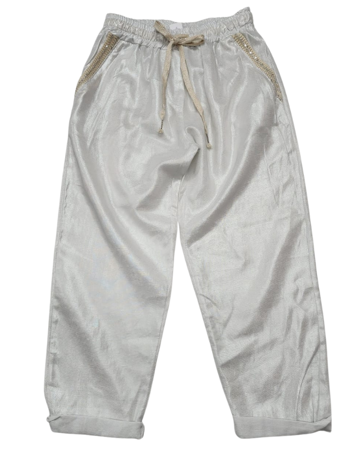 Shiny Linen Pants with Gold Braid Pocket Detail