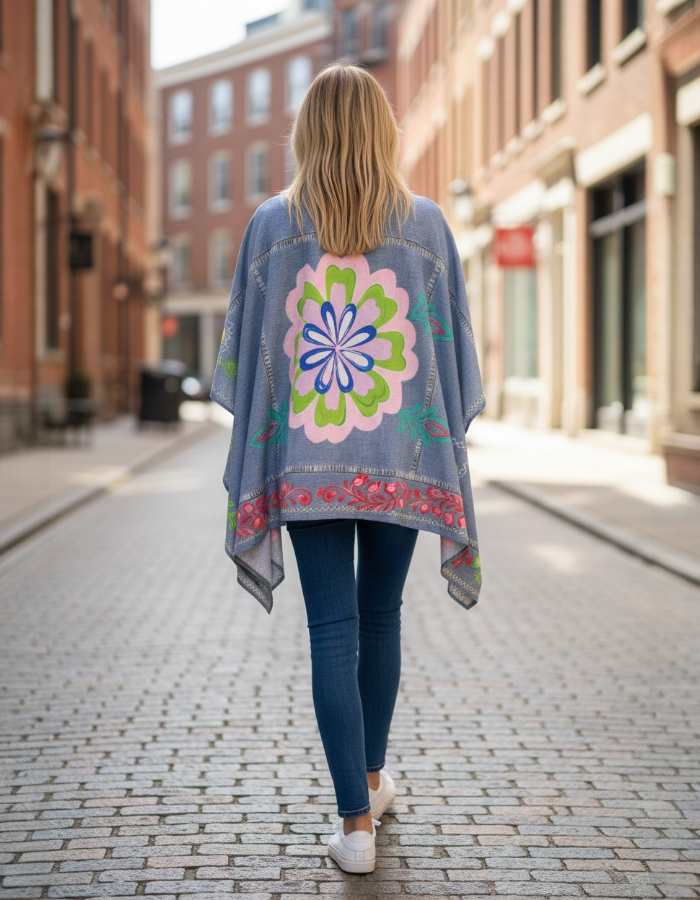 "Chelsea" Sleeved Denim Poncho - Boho Flower