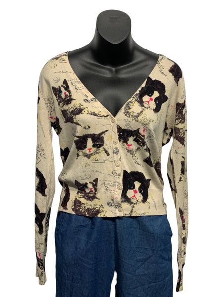 Button Up Cardigan with Cats Print