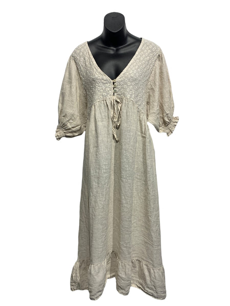 Italian Linen V-Neck Long Dress with Embroidery