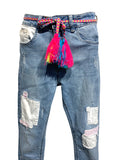 Denim Jeans with Patchwork Detailing and Colourful Belt
