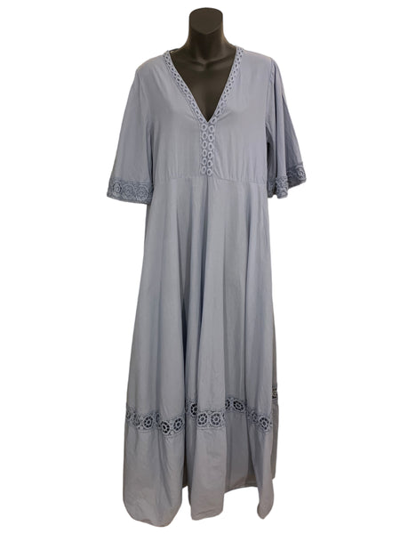 Italian Cotton V-Neck Long Dress with Crochet Detailing
