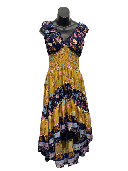 Floral Print Hi Low Silk Dress with Elasticated Waistline