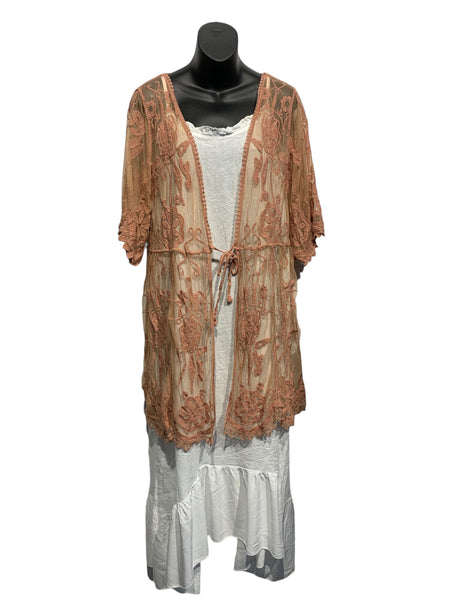 Mid Length Lace Coat with Short Sleeves / Blush