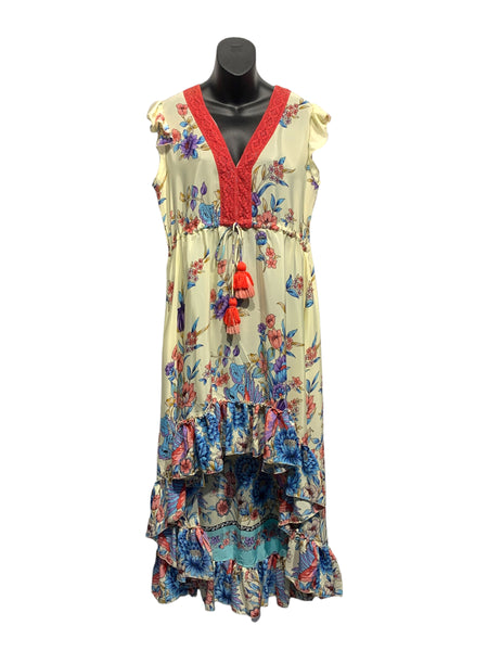 Floral Print Silk Hi Low Dress with Adjustable Waistline