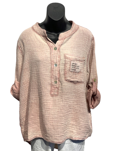 Italian Crinkled Cotton Top with Front Pocket