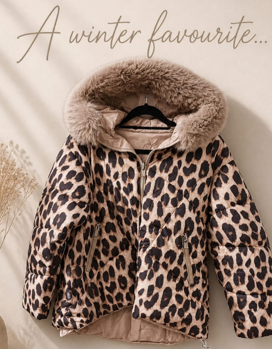 A08 - Leopard Print Puffer Faux Fur Hood Jacket