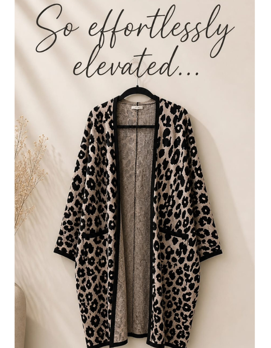 A11 - Long Animal Print Knit Cardigan - Black & Beige