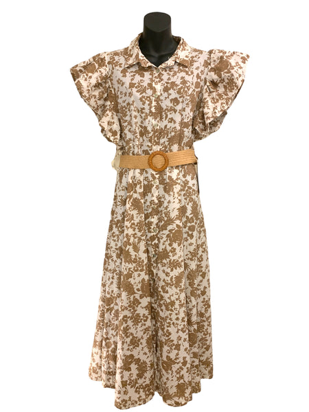 Italian Floral Print Long Cotton  Button Up Dress with Belt