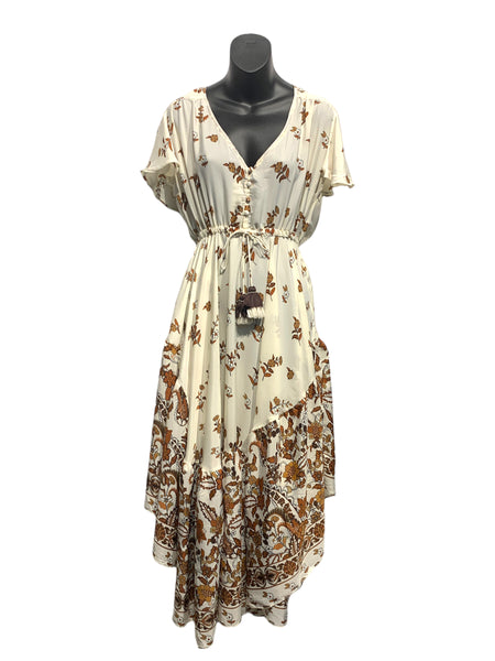 Indian Floral Print Silk Dress with Elasticated Waistline