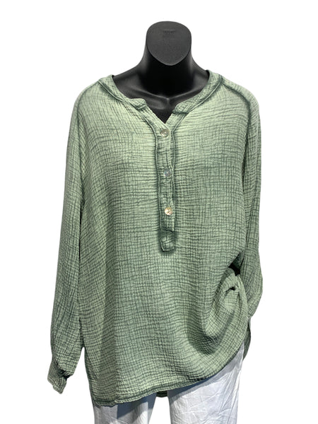 Italian Crinkled Cotton Long Sleeve Top