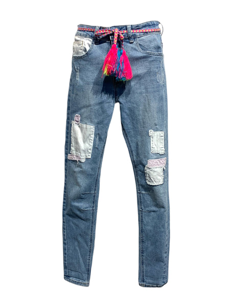 Denim Pants with Patchwork Detailing and Colourful Belt