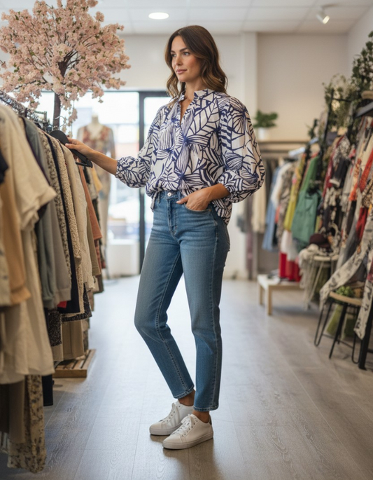 "Candice" Babydoll Shirt in Bold Leaf Print