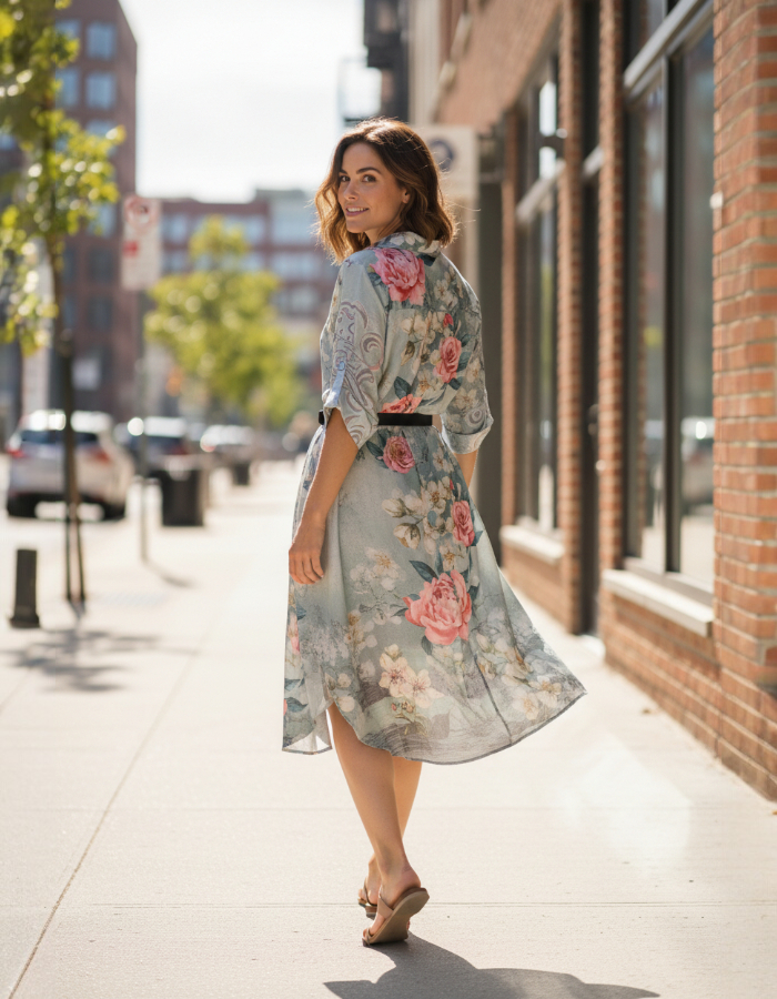 Blue Floral Shirt Dress with Pink Peonies