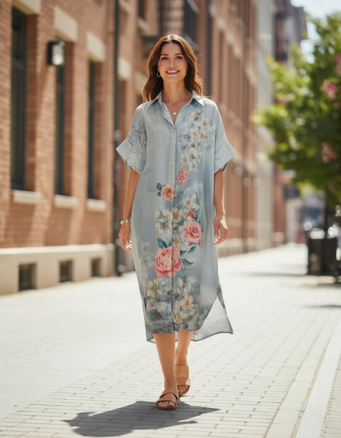 Blue Floral Shirt Dress with Pink Peonies