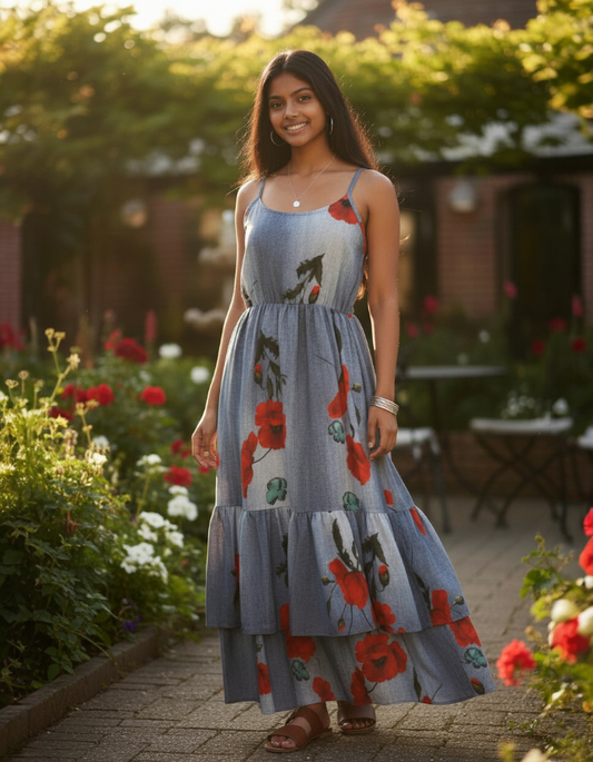 Blue Tiered Maxi Dress with Poppies
