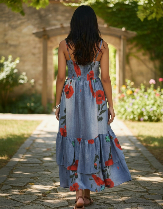 Blue Tiered Maxi Dress with Poppies
