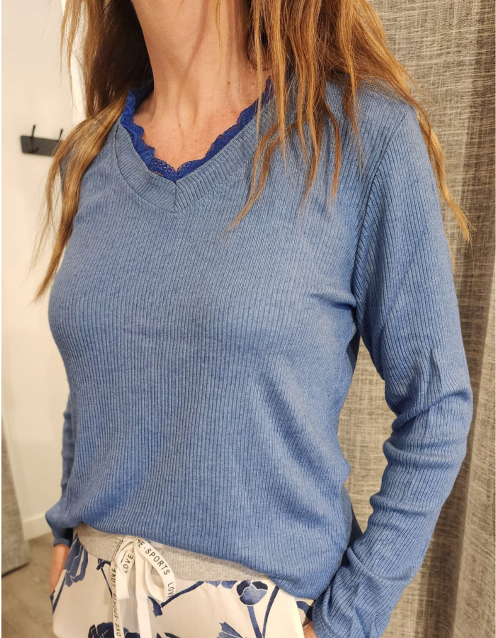 Blue V-Neck Knit with Lace Trim