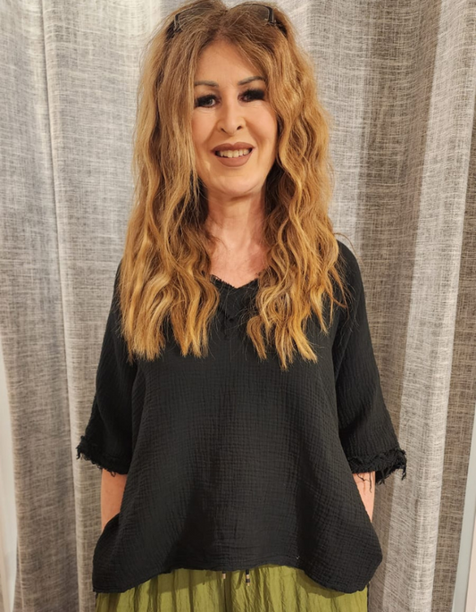 Crinkle Cotton Distressed V-Neck Top