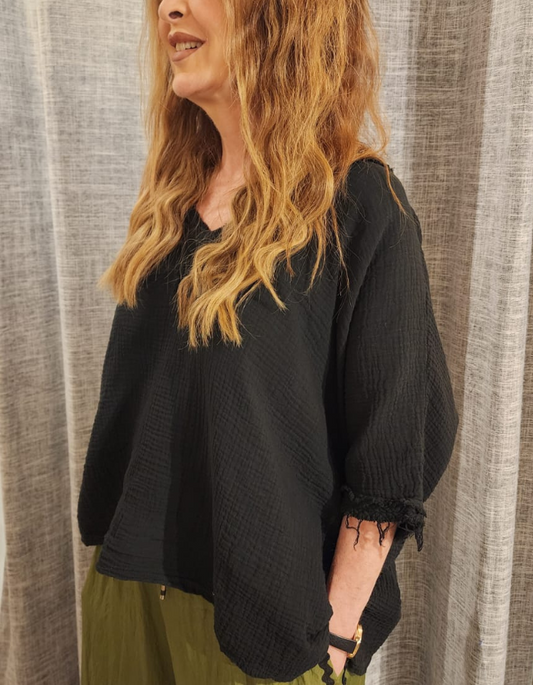 Crinkle Cotton Distressed V-Neck Top