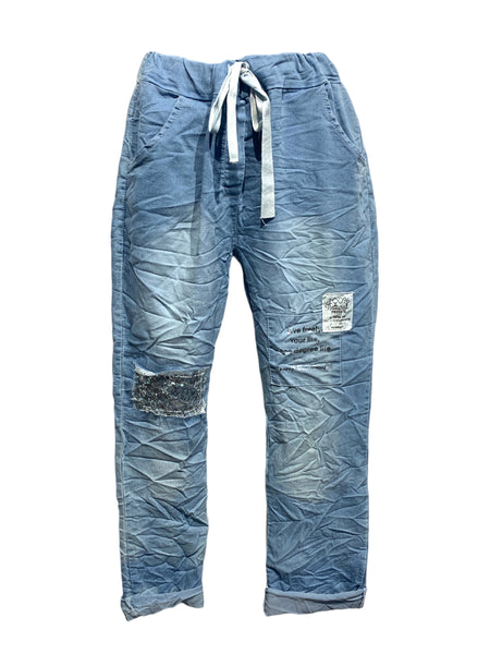 Italian Light Denim Stretch Pants with Silver Sequin Detailing  lo