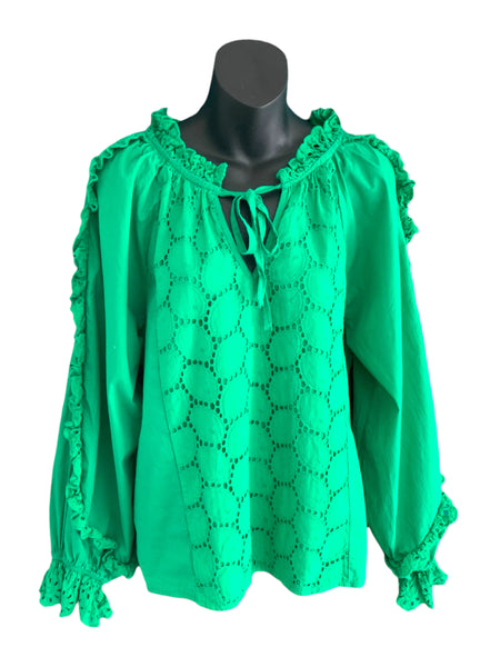 Italian Cotton Long Sleeve Broderie Anglaise Top / Bright Emerald