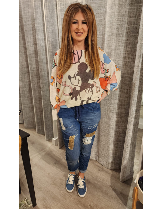 Denim Gold Sequin & Lace Patch Pants