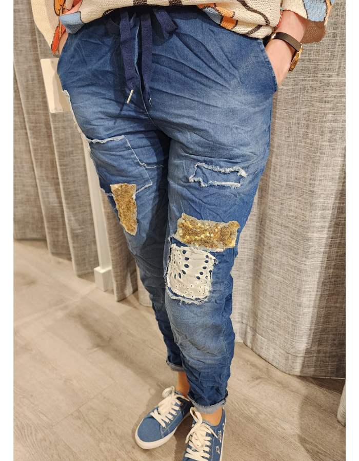 Denim Gold Sequin & Lace Patch Pants