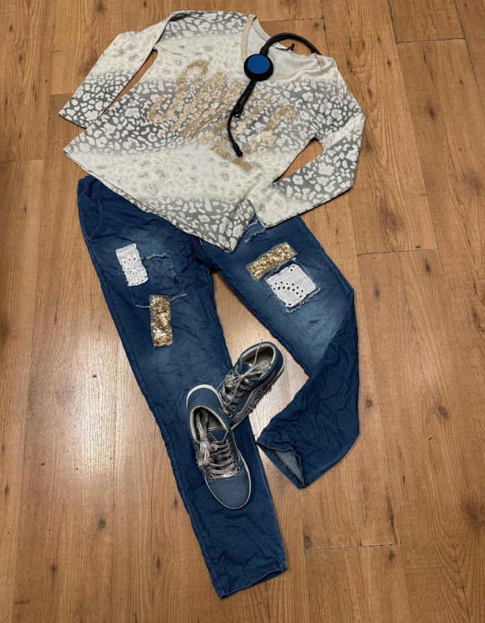 Denim Gold Sequin & Lace Patch Pants