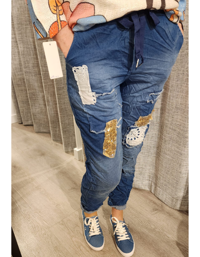 Denim Gold Sequin & Lace Patch Pants