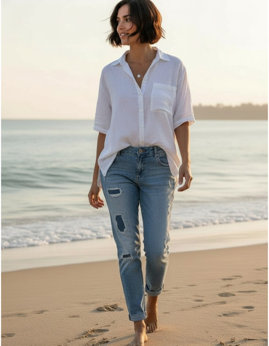 Distressed denim jeans