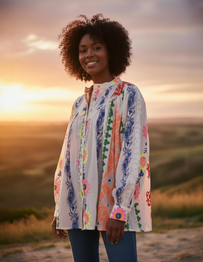 "Chloe" Emroidered Cotton Flower Shirt