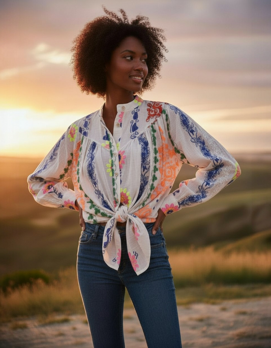 "Chloe" Emroidered Cotton Flower Shirt