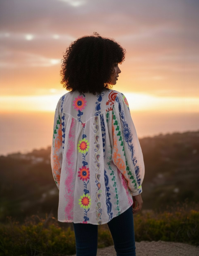 "Chloe" Emroidered Cotton Flower Shirt