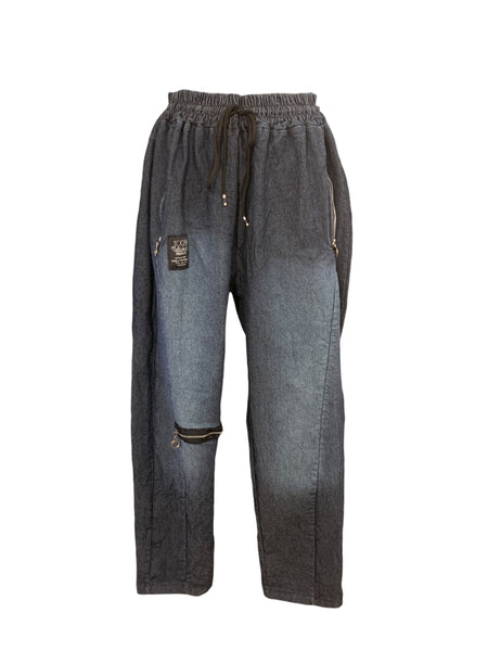 Italian Dark Denim Pants with Side Pockets and Feature Faux Pocket