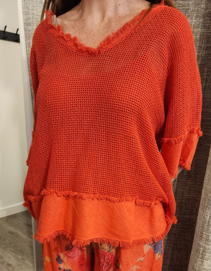 Fringed Mesh & Linen Top