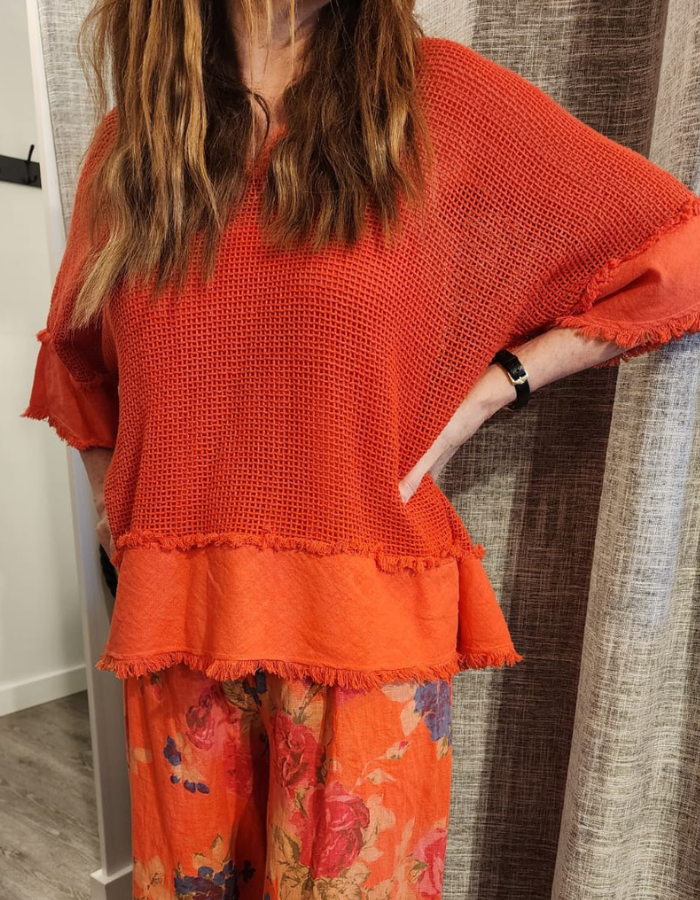 Fringed Mesh & Linen Top