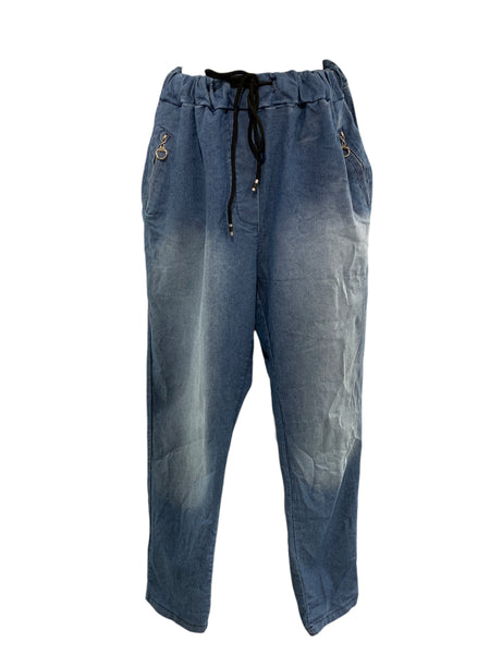 Italian Cotton Stretch Pants with Side Pockets and Zipper Detailing / Light Denim
