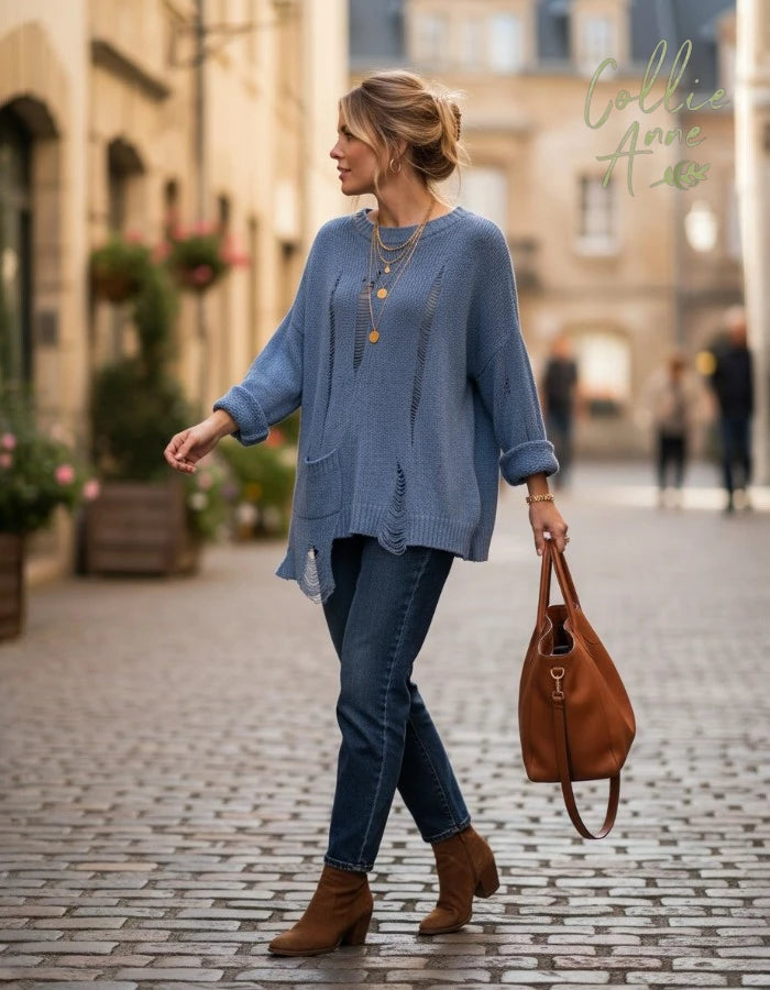 Distressed Knit with Feature Pocket - Indigo Blue