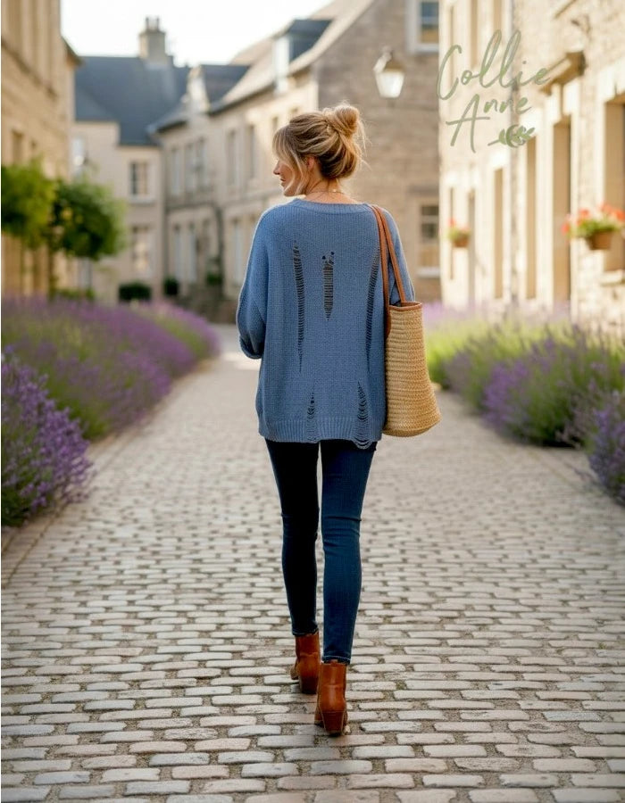 Distressed Knit with Feature Pocket - Indigo Blue